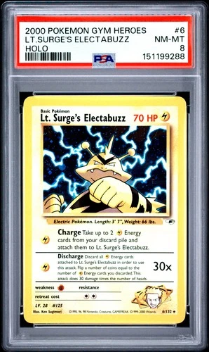2000 POKEMON GYM HEROES HOLO #6 LT. SURGE'S ELECTABUZZ PSA 8