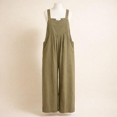 LF February Olive Green Cotton Overalls Wide Leg Bib Jumpsuit Size L Pockets