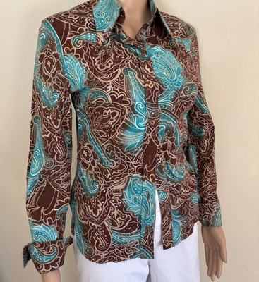 womens SAVIDA Button Shirt Sz 8 Dagger Collar Brown Turquoise Paisley Print