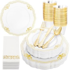 175 PCS White and Gold Plastic Plates - Fancy Gold Disposable Dinnerware Set ...