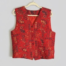 Vintage Red Tapestry Vest Geometric Southwestern Pattern Made in Korea