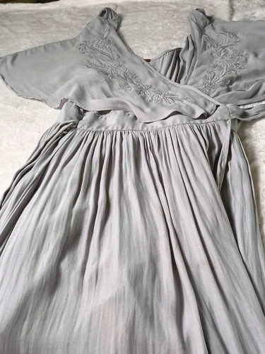 Free People Fiona S/P Grey Maxi Wrap Dress Embroidered Romantic Boho Gauzy - Picture 14 of 18