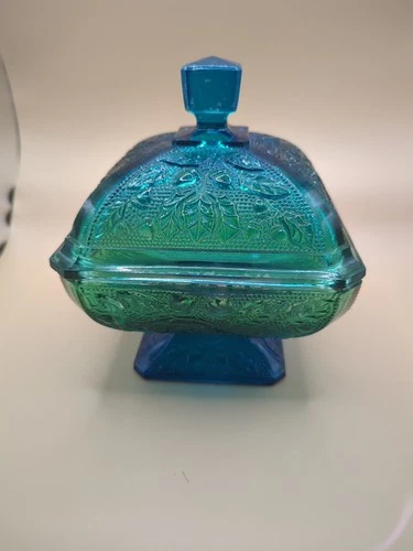 Jeanette Glass Blue Green Ombre wedding box candy dish 6" Compote Pedistal