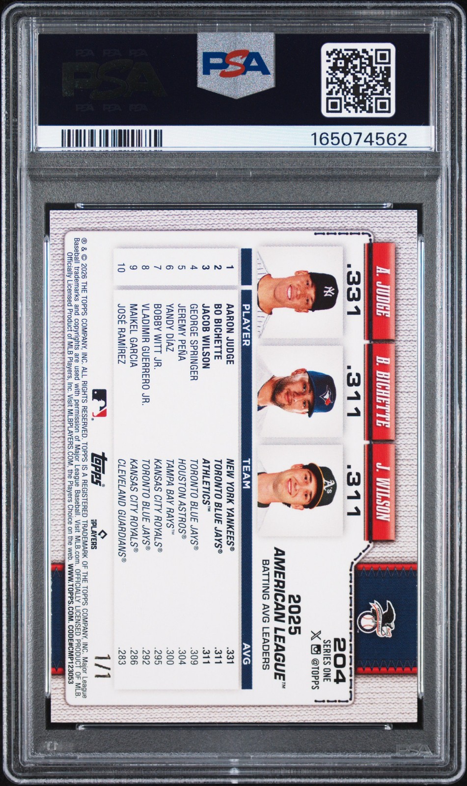 2026 TOPPS FIRST CARD 1/1 #204 AARON JUDGE BO BICHETTE JACOB WILSON 1/1 PSA 8.5 view 2