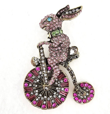 Gold Tone Pink Rhinestone Bunny Rabbit Riding Bike Brooch 2.5'' Easter Spring