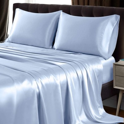 4Pcs Extra Deep Pocket Satin Sheet Set King Size, Ultra Silky Soft Baby Blue ...