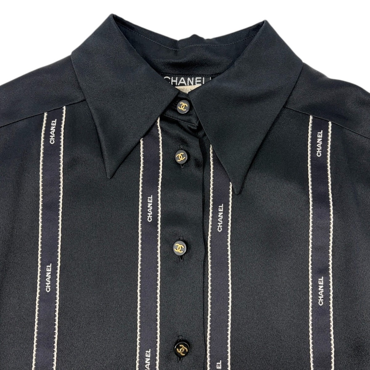 CHANEL Vintage 94A CC Logo Button Up Blouse Silk Shirt #36 Ribbon