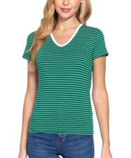 Active Basics Pure Green/White Stripe V-Neck Short-Sleeve Top Size Medium NWOT