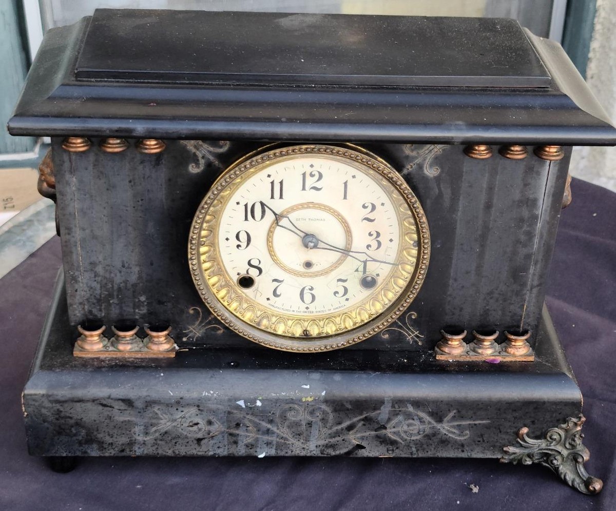 Antique Seth Thomas Black Adamantine Mantel Clock – WITH KEY