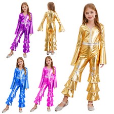 UK Kids Girls Sparkle Metallic Performance Jumpsuit Disco Dance Party Costume