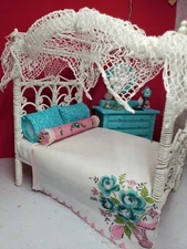 Miniature Dollhouse Wicker Canopy Bed And Dresser 1 inch scale 