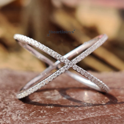 Moissanite Criss Cross Engagement Ring 0.60 Carat Round Cut Solid 14K White Gold