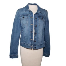 SOCIAL STANDARD Trucker Denim Jacket Small Blue Stretch Jean Pockets Button