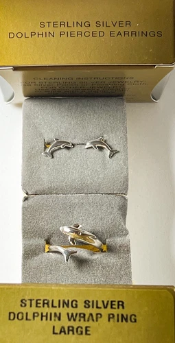 VINTAGE Sterling Silver DOLPHIN Wrap Bypass Adjustable LG RING & Stud EARRINGS