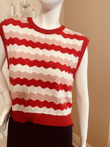 MILLY Seashell Scalloped-knit Jumper Vest Tomato Ecru Blush Size L - Picture 9 of 12