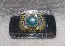 Turquoise Compressed Stone In Dual Gold Horseshoes Engraved Belt Buckle Vintage