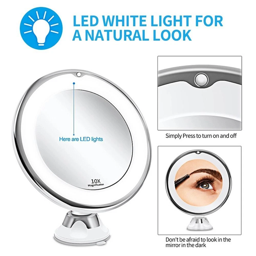 Suction Cup Bathroom Mirror Cosmetic Mirror 10X Makeup Mirror LED Vanity Mirror