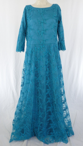 Maxi Lace Dress Blue Fit Flare Waisted Sheer Back Special Occasion Size UK 12 - Picture 3 of 10