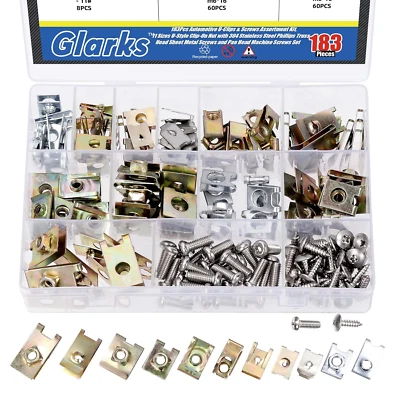 Glarks 183Pcs 11 Sizes Automotive U-Clips & Screws Assortment Kit, U-Style Clip-