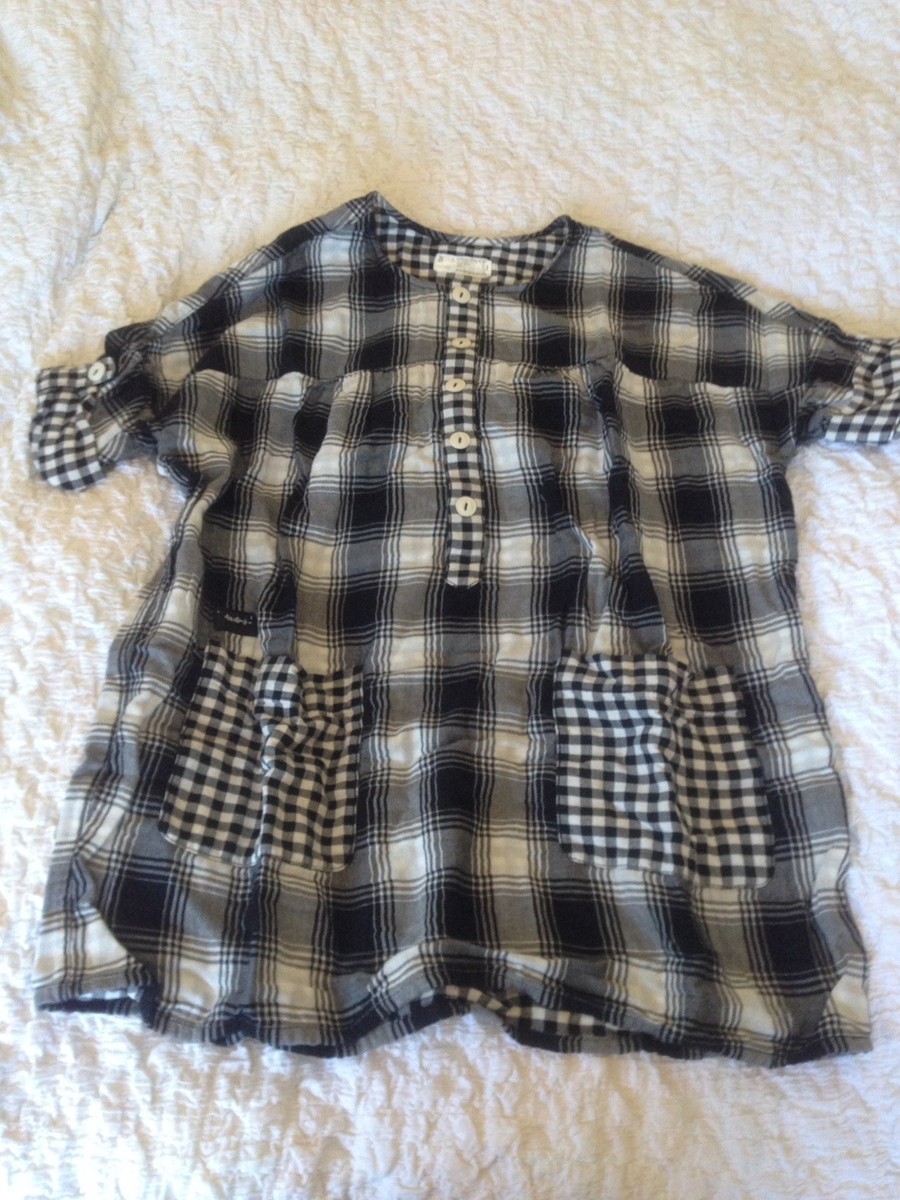Womens White and Black Plaid Short Sleeved Long Shirt Dress 100% Cotton Size XS
