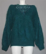 VTG Venesha High Quality Dark Teal Pearls Beads Crocheted Angora Sweater Wm's L