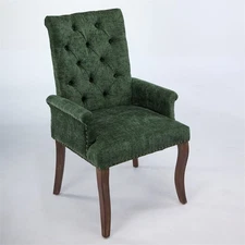 Chenille Upholstered Accent Dining Chair Tufted Buttons Arm Chair with Wood Legs