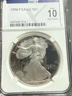 1994-P Proof American Silver Eagle PF70 NGC Ngcx Ultra Cameo Perfect $1