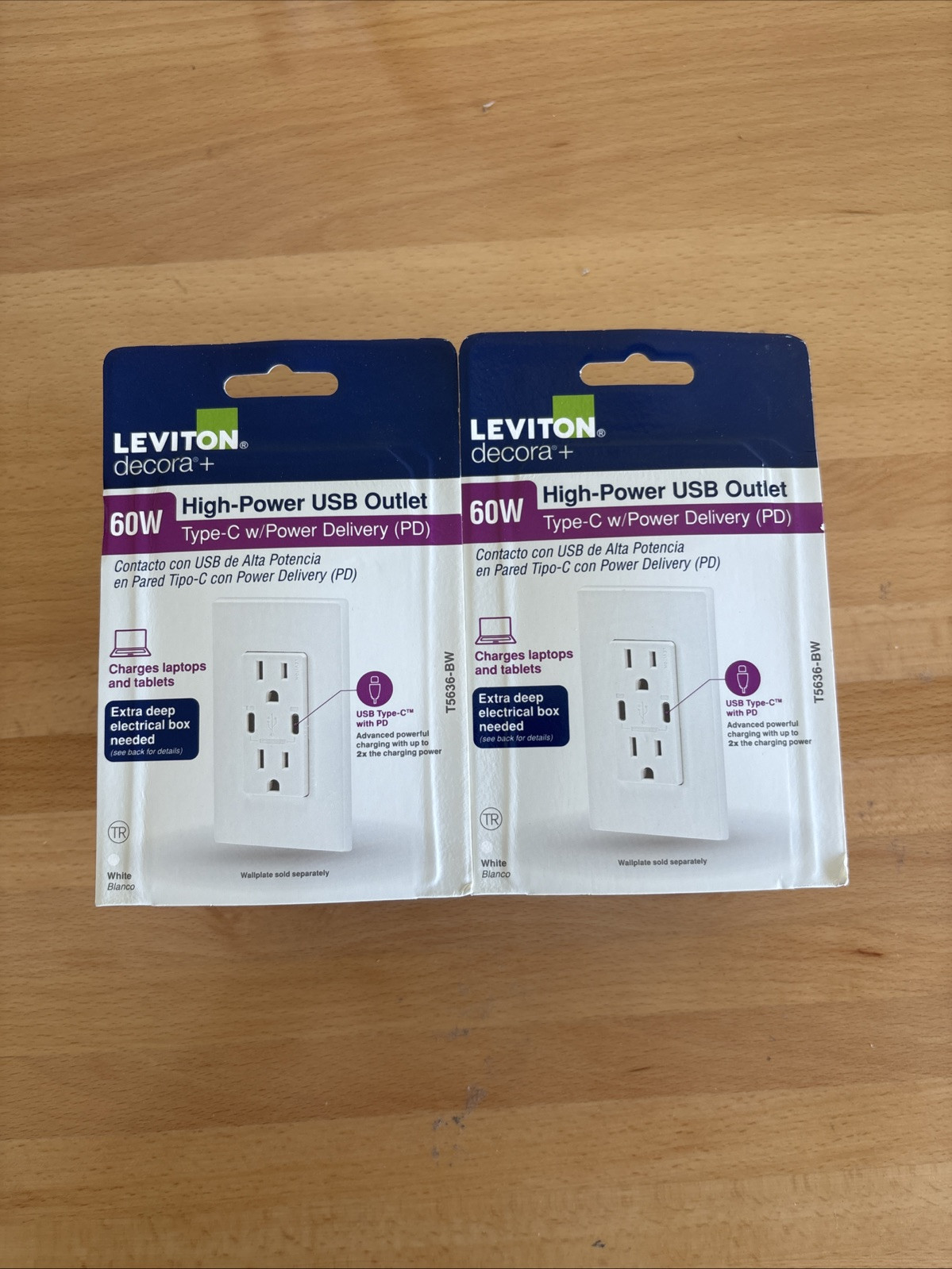 USB Wall Outlet High Power Dual Type-C w/ Power Delivery 60W (6A) 2 Pack