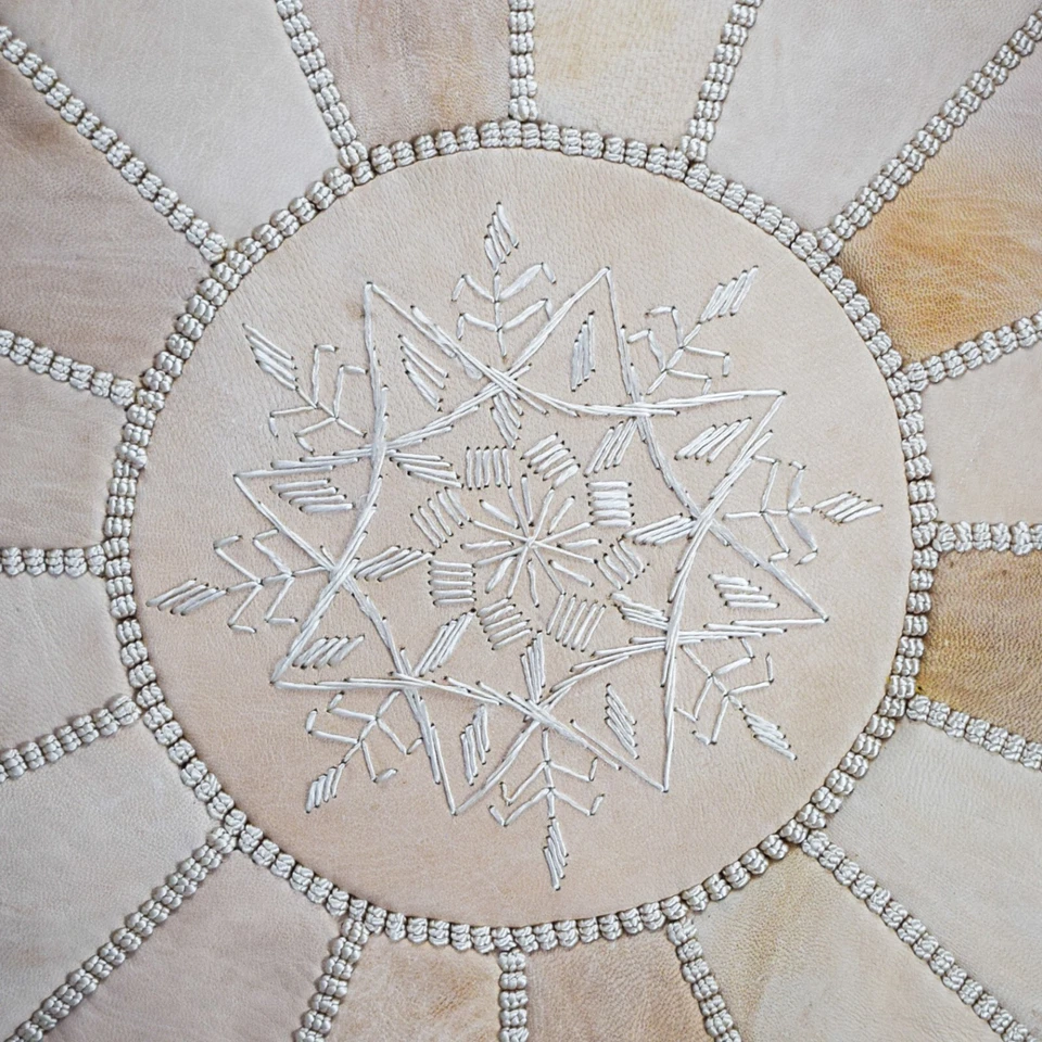 Cream Moroccan Leather Pouf – Handmade Ottoman Footstool – Genuine Leather Boho - Image 4 of 4