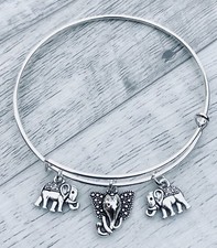 3 Baby Elephants bright Silver charms Expandable Bangle Bracelet