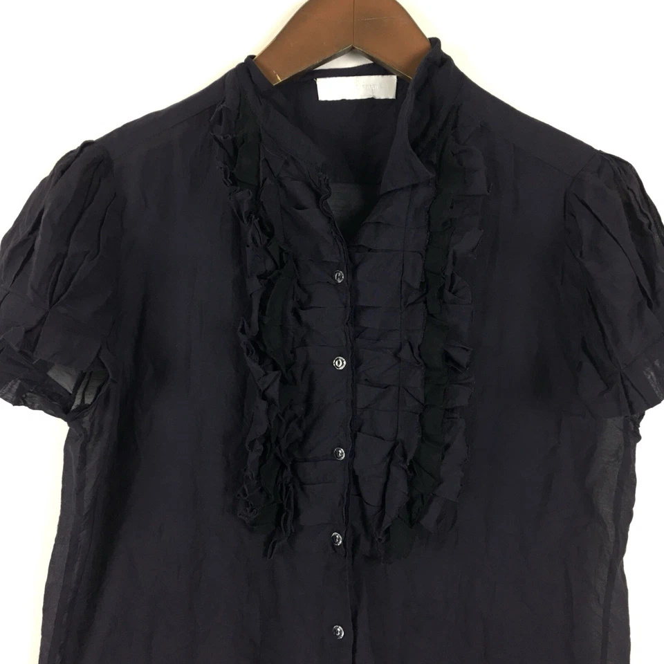 Top para mujer Nicole Farhi pequeño azul manga corta con botones volantes delanteros Foto 3 de 4