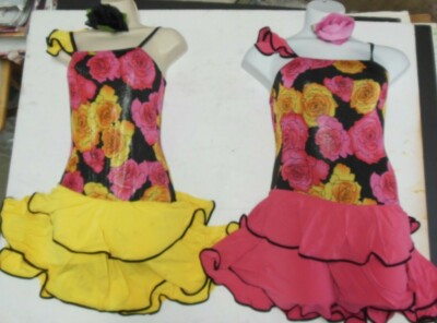 Salsa Latin Ruffled Foiled Dress Leotard Fuchsia or Yellow Ladies sizes trunks
