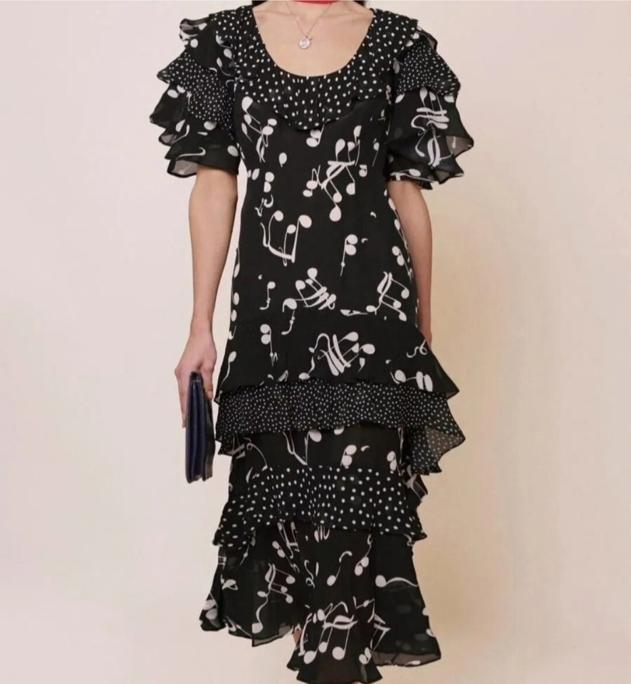 BNWT RIXO Black Frill Silk Midi Dress Size UK 12 eBay