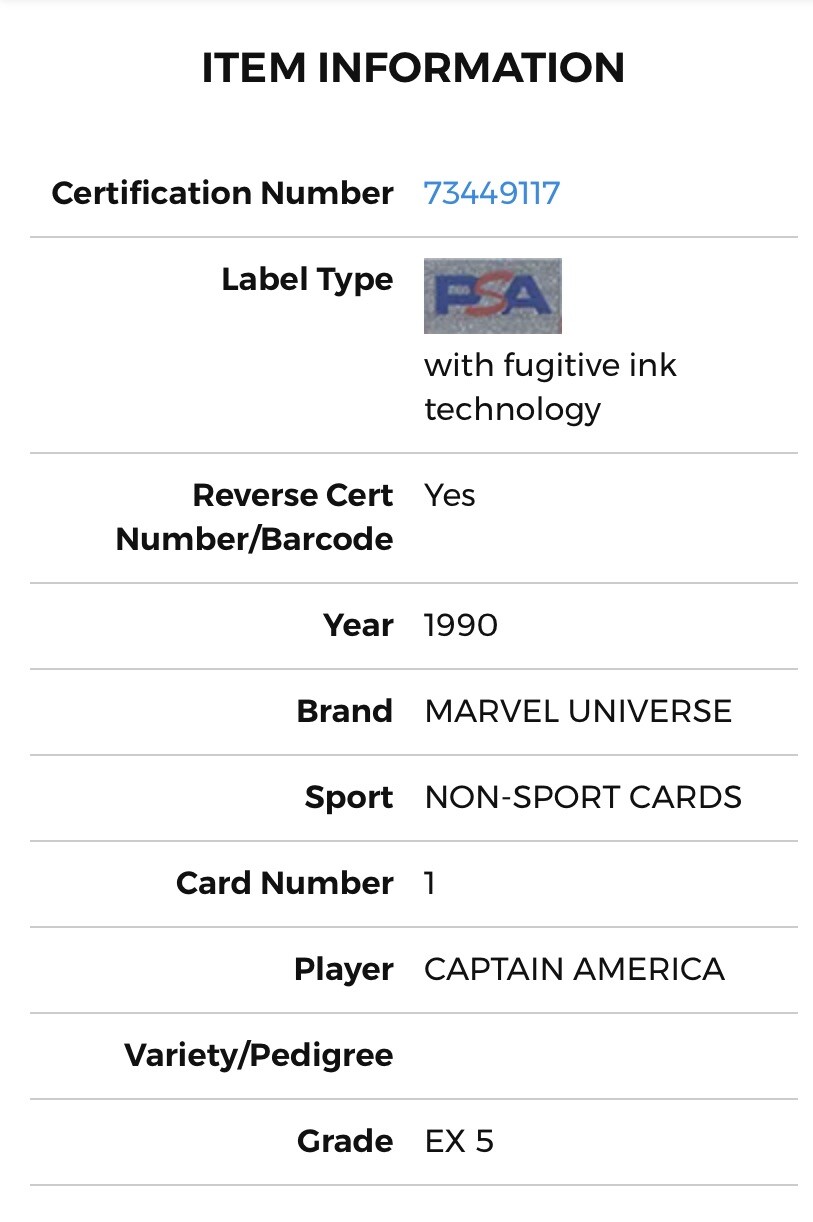 1990 Impel Marvel Universe, #1 Captain America, PSA 5 view 7