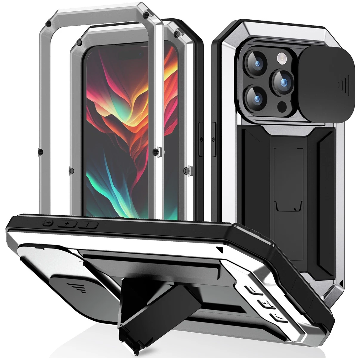 For iPhone 15 Pro Max Rugged Stand Case with Screen Protector Slide Camera  Cover