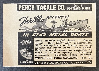 1942 Star Metal Boats Thrills a Plenty Goshen Indiana Mini B&W Vintage Print Ad