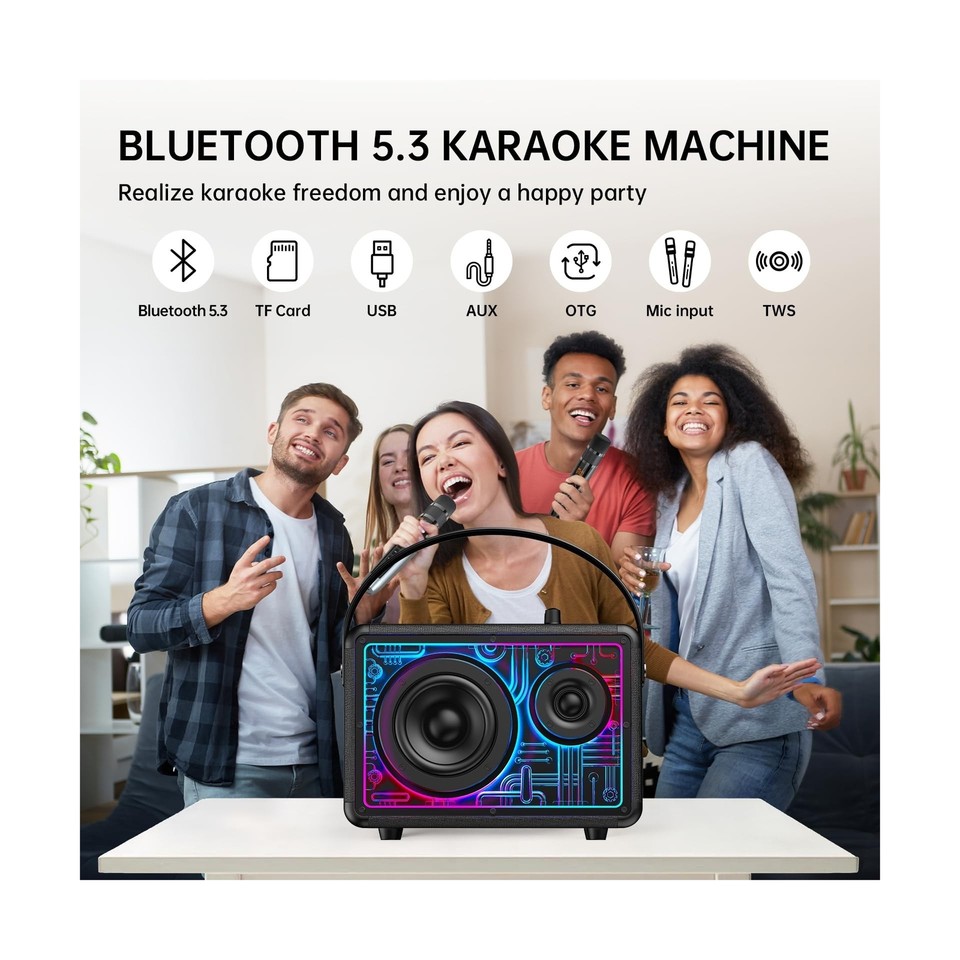 Karaoke Machine for Adults, Bluetooth5.3 Karaoke Speaker with 2 UHF