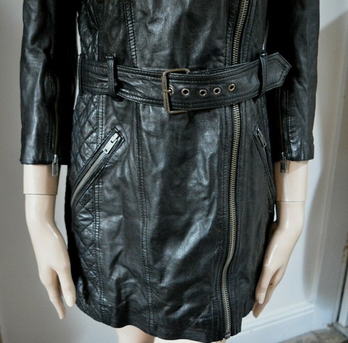 Impresionante suave negro cuero de cabra bodycon mini vestido abrigo chaqueta sin cuello motociclista - Imagen 4 de 12