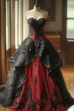 Gothic Black Wedding Dresses Strapless Applique Backless Victorian Bridal Gowns