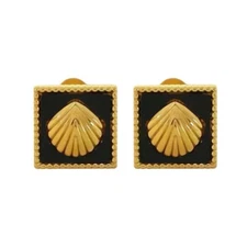 Gold Plated Stainless Steel Square Shell Black Acrylic Mini Stud Earrings