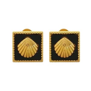 Authentic Gold Plated Square Shell Black Acrylic Mini Stud Earrings