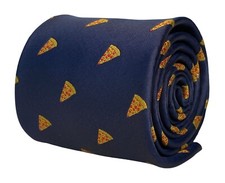 Frederick Thomas Designer mens tie navy blue with pizza quirky design