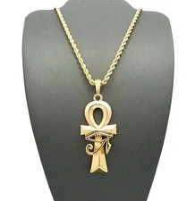 GOLD EYE OF HERU ANKH CROSS PENDANT & 24" ROPE CHAIN HIP HOP NECKLACE XSP417RC