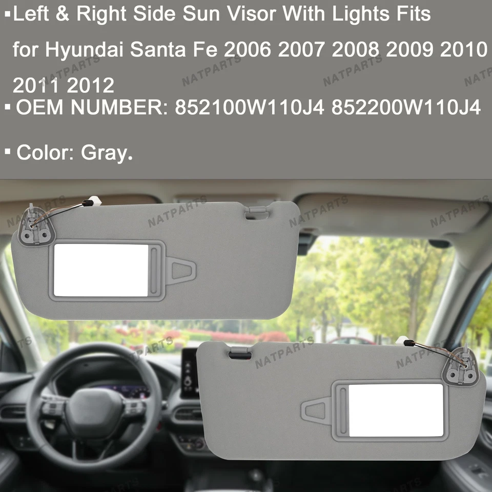 Pair Gray Side Sun Visor w/Light for Hyundai Santa Fe 2006-2012 852100W110J4 - Image 2 of 4