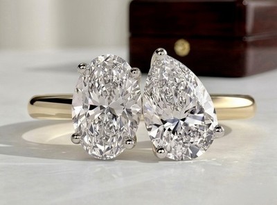 3 Ct Toi et Moi Lab Diamond Ring 14k Two-Tone Pear Oval E VS2 3X IGI Engagement