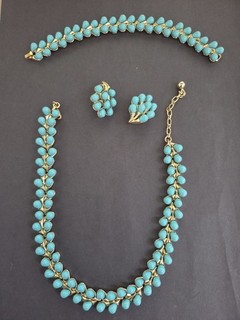 Trifari Necklace Bracelet Earrings Set Turquoise Bullet Cabochon