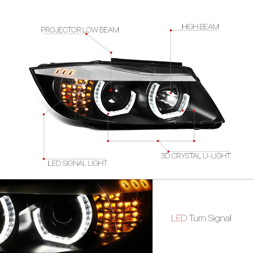 Se adapta a BMW E90 2009-2012 {SEÑAL DOBLE HALO 3D/LED} Lámpara de faro proyector negro Foto 4 de 4
