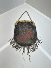 Antique Art Deco Beaded Floral Purse Micro Bead Fringe Handbag