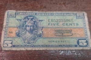 WWII / Post-War US Military Payment Certificate Series 521 - 5 Cents MPC used