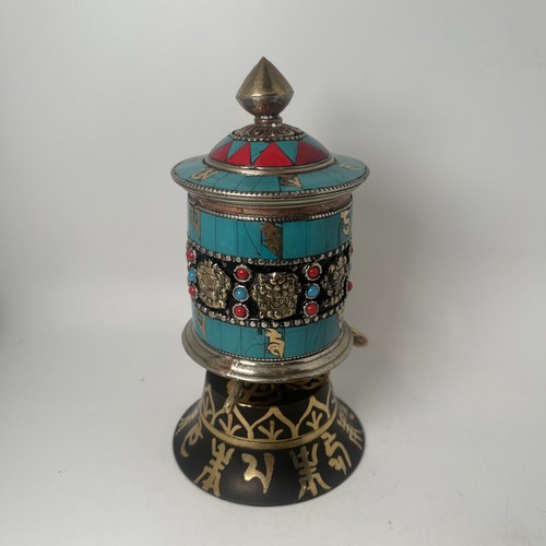 Antique Tibetan Buddhist Brass Inlay Turquoise Prayer Wheel